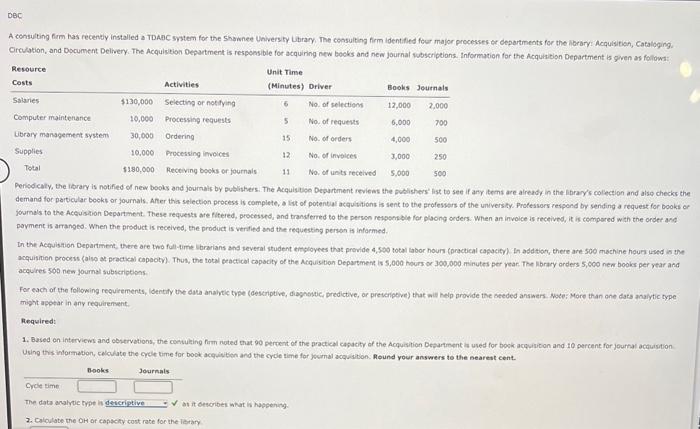 DBC A consulting firm has recently installed a TDABC system for