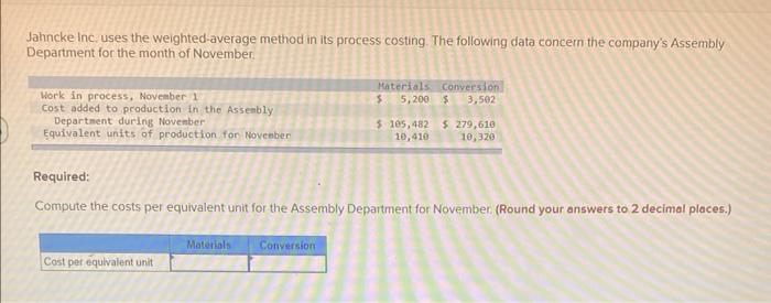  Jahncke Inc. uses the weighted-average method in its process costing. The