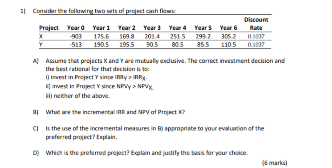  Question about NPV & IRR 1) Consider the following two sets