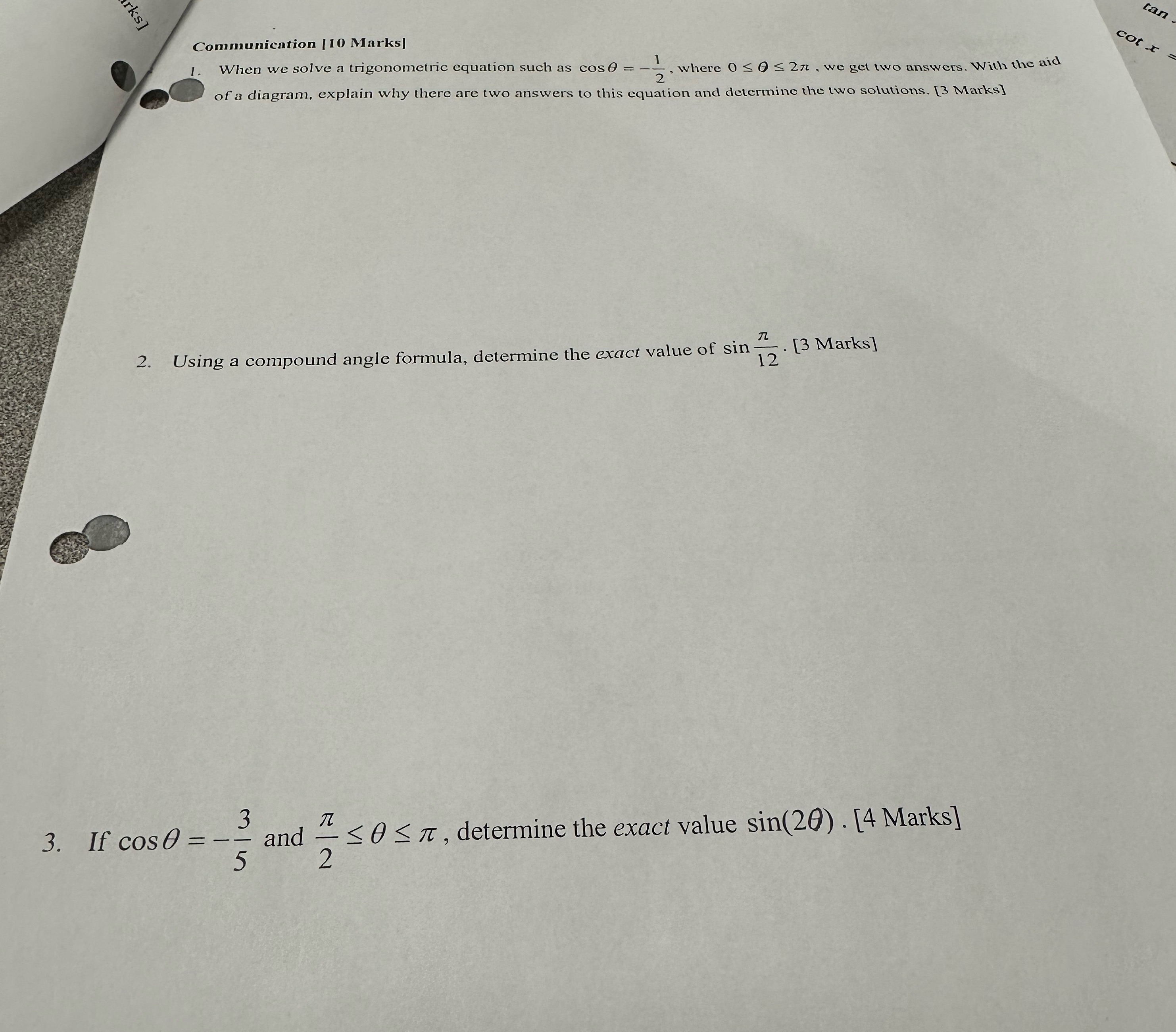 we solve a trigonometric equation such as cose = - -, where