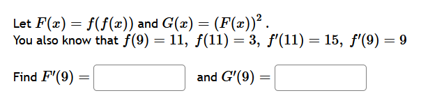 know that f(9) = 11, f(11) = 3, f'(11) = 15, f'(9)