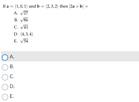 B. V86 C. V41 D. (4,3,4) E. V54 OA. O B. OC.
