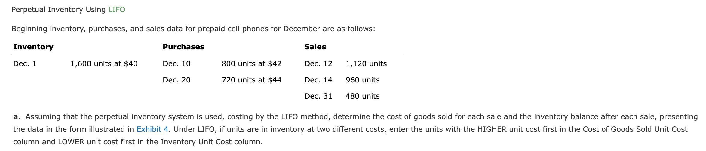 Perpetual Inventory Using LIFO Beginning inventory, purchases, and sales data for