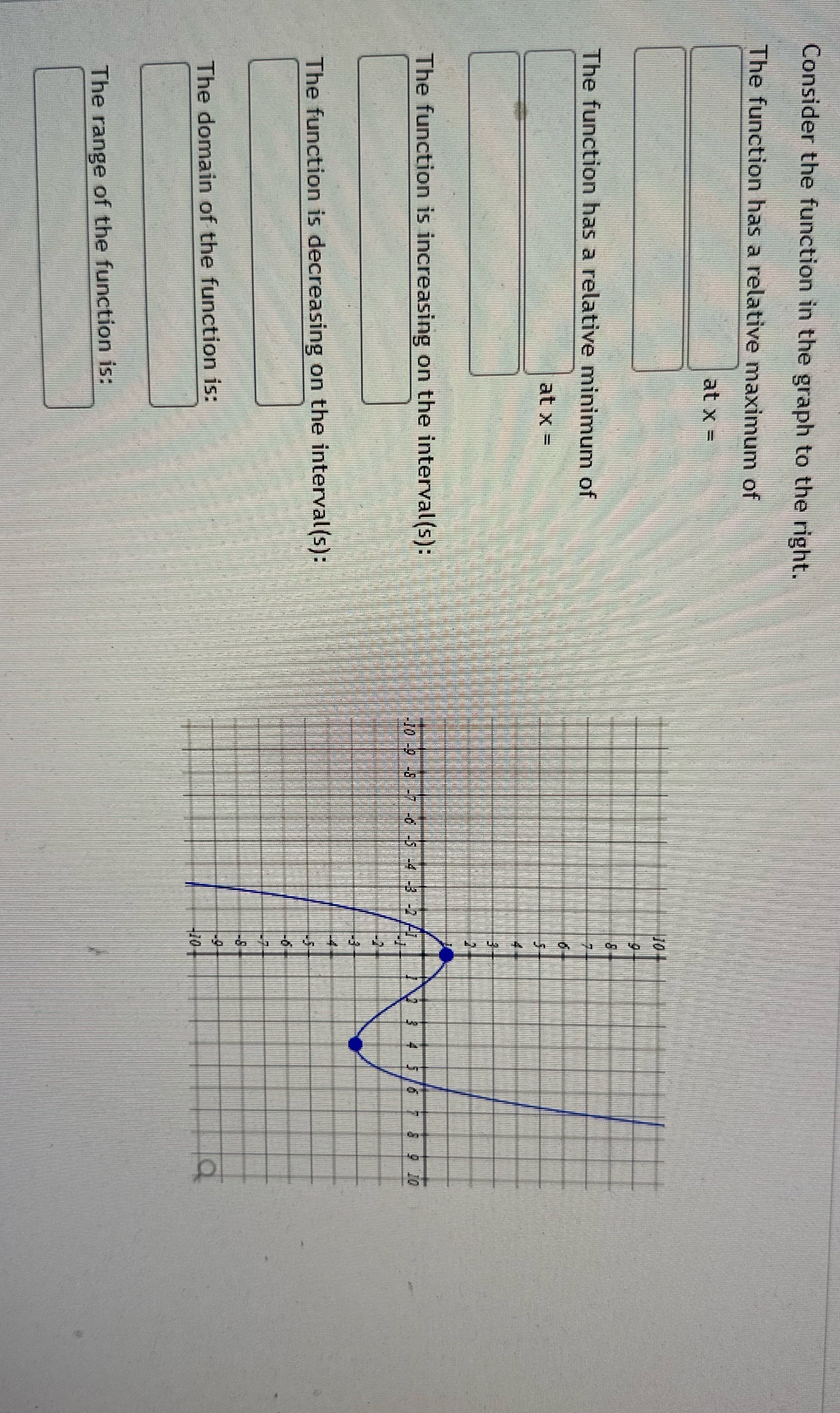 has a relative maximum of at x - The function has a