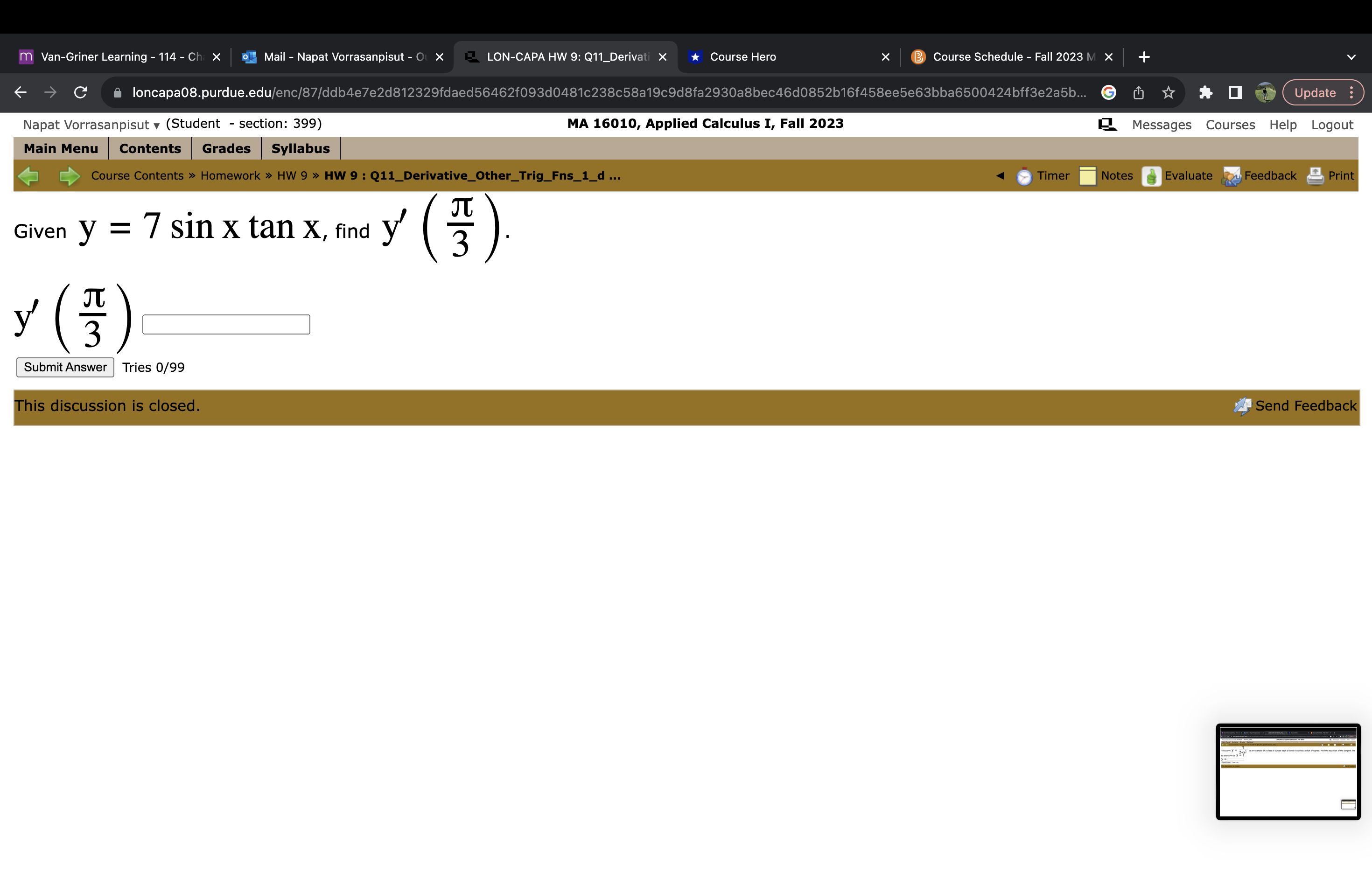 > HW 9 : Q3_The_Quotient_Rule_3_MC ... Timer Notes Evaluate Feedback Print sin