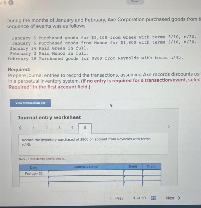 for $1,800 with terms 3/10, n/30. January 14 Paid Green in full.