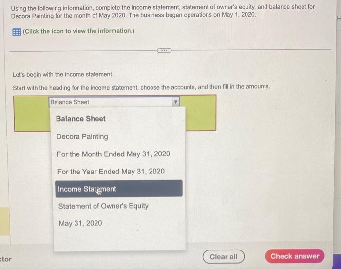  tor Using the following information, complete the income statement, statement of