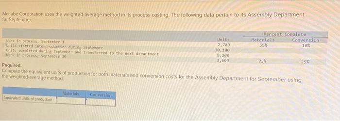 Mccabe Corporation uses the weighted-average method in its process costing. The