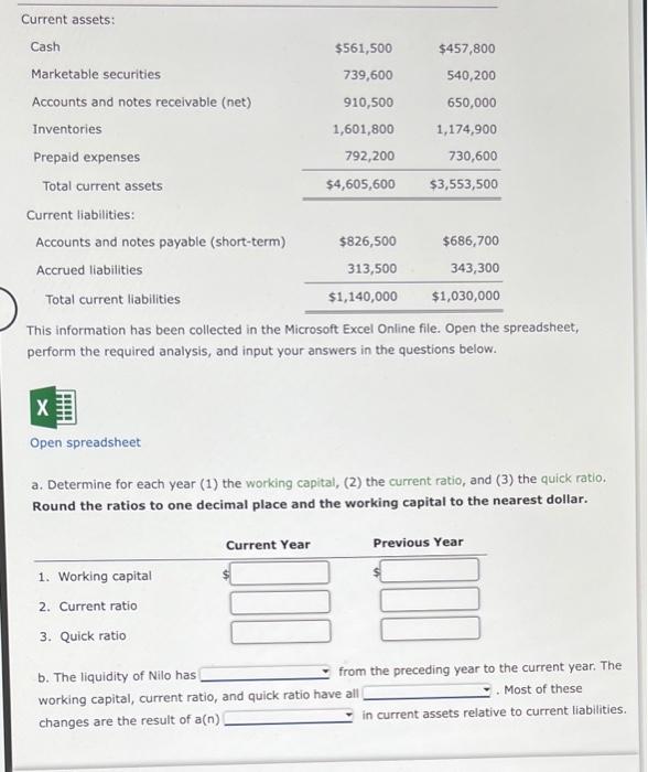 sheet of Nilo Company at the end of two recent fiscal years: