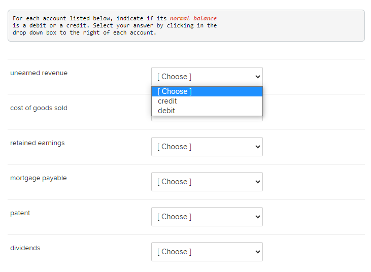  For each account listed below, indicate if its normal balance is