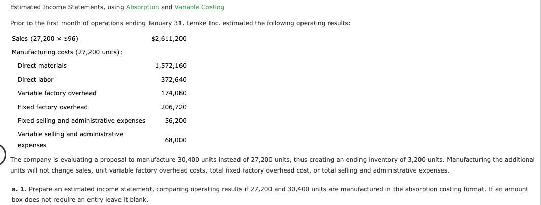  Estimated Income Statements, using Absorption and Variable Costing Prior to the