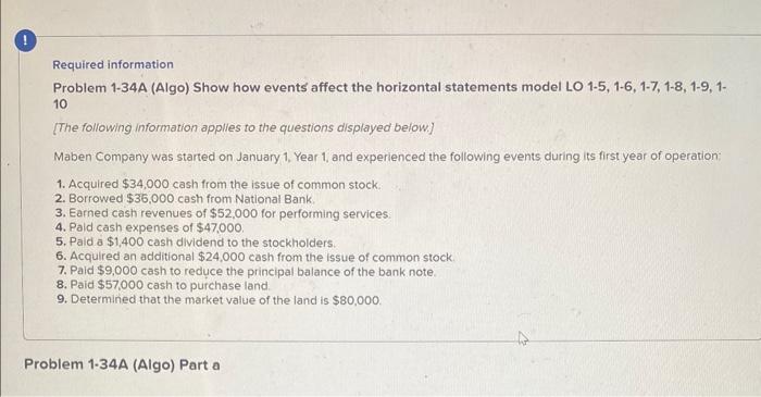  Required information Problem 1-34A (Algo) Show how events affect the horizontal