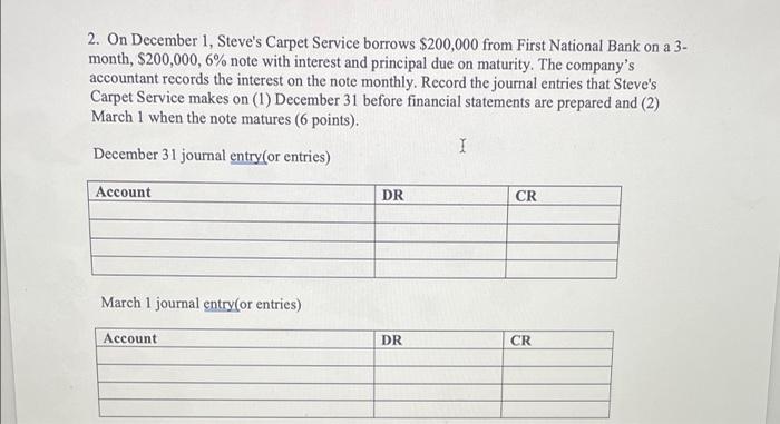 2. On December 1, Steve's Carpet Service borrows $200,000 from First