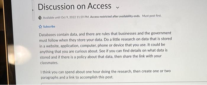 Discussion on Access Available until Oct 9, 2022 11:59 PM. Access