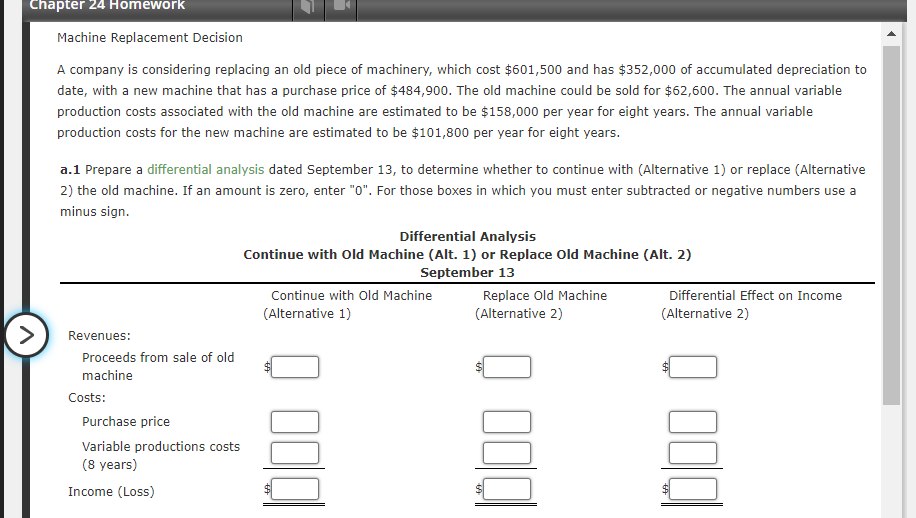 Chapter 24 Homework Machine Replacement Decision A company is considering replacing