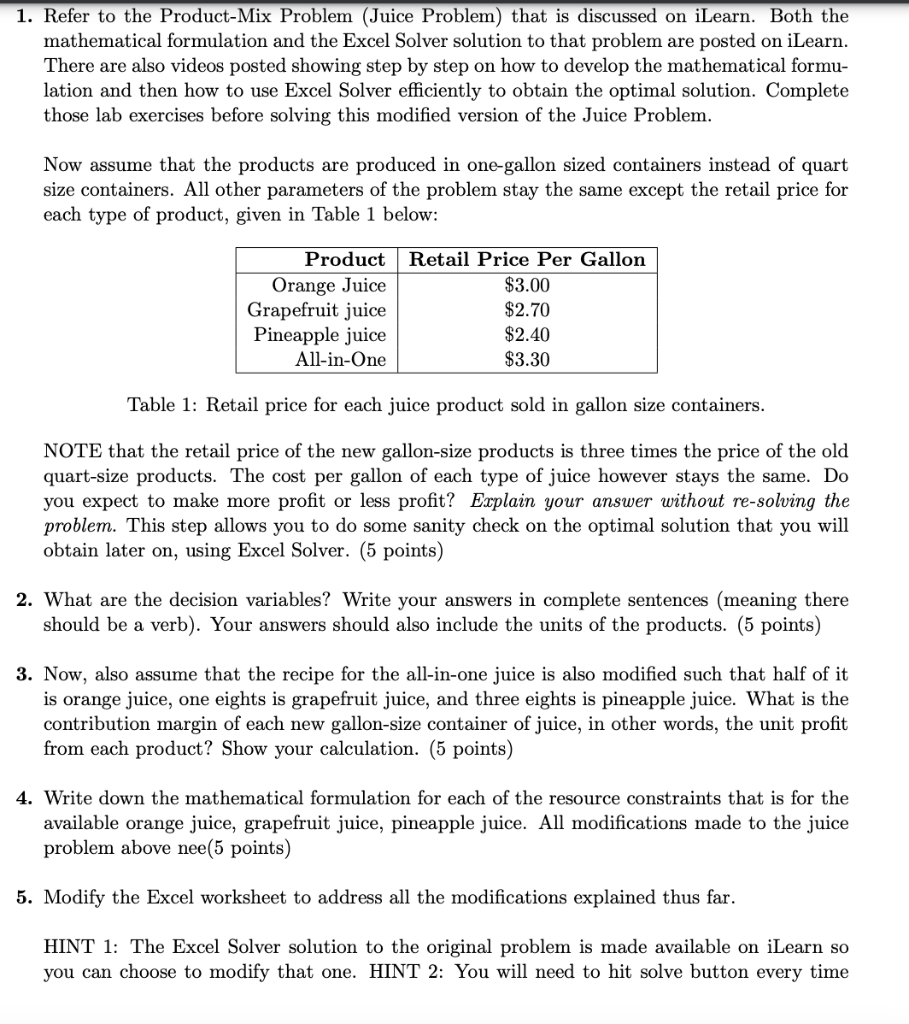 model of this problem, to determine how many containers of each product