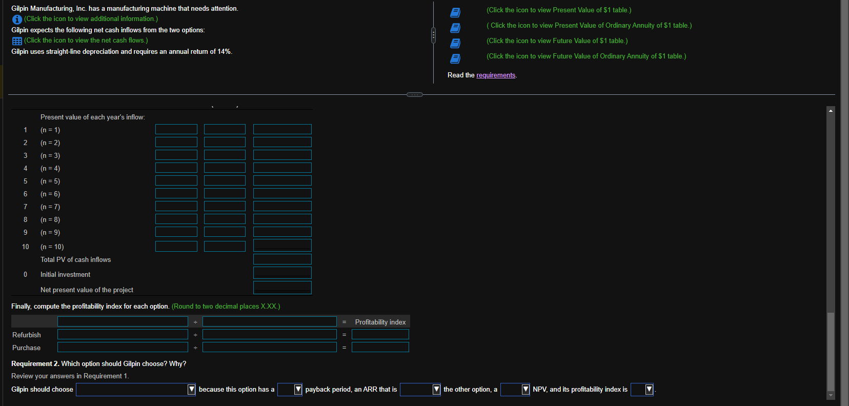 uses straight-line depreciation and requires an annual return of 14%. Requirement 1.