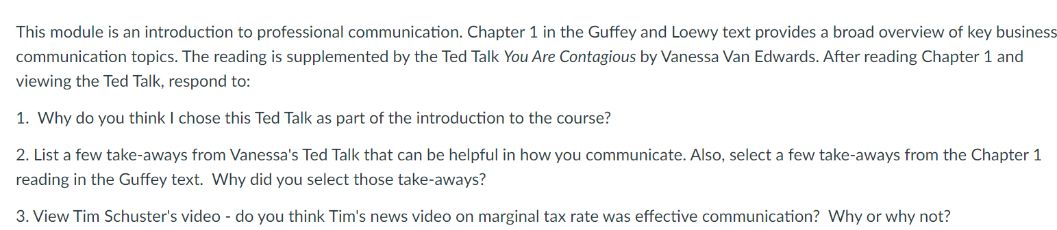 This module is an introduction to professional communication. Chapter 1 in