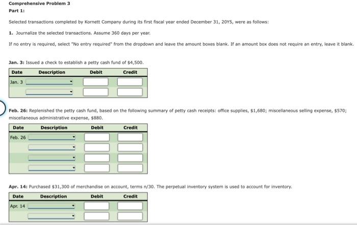  Comprehensive Problem 3 Part 1: Selected transactions completed by Kornett Company