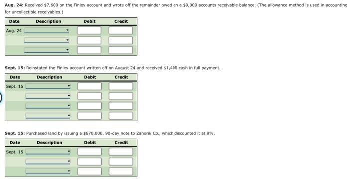1. Journalize the selected transactions. Assume 360 days per year. If no