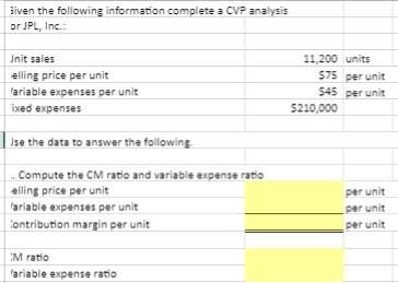  Given the following information complete a CVP analysis or JPL, Inc.: