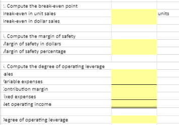 Unit sales elling price per unit 'ariable expenses per unit ixed expenses