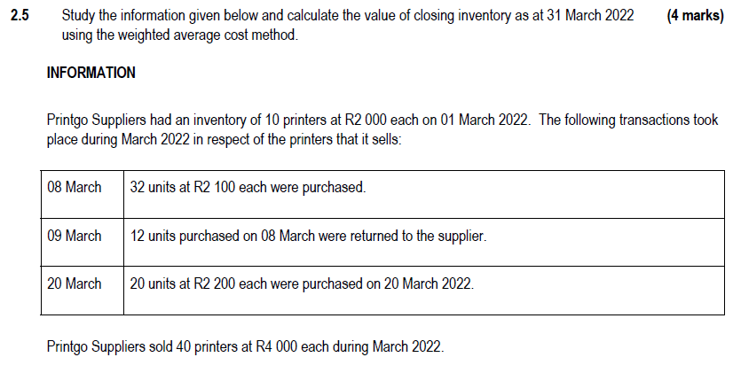 2.5 Study the information given below and calculate the value of