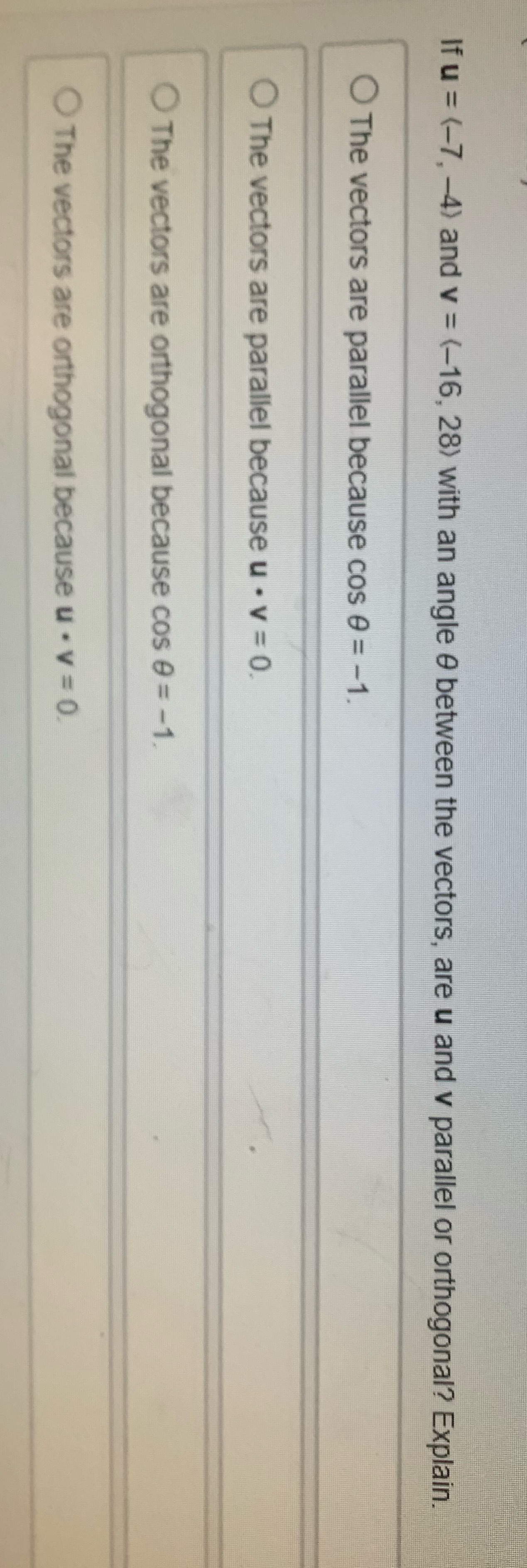 an angle 0 between the vectors, are u and v parallel or