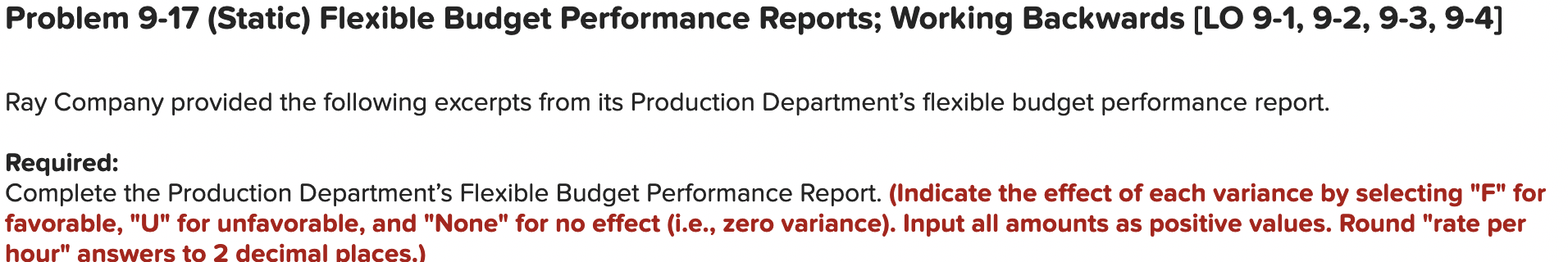  9-17 (Static) Flexible Budget Performance Reports; Working Backwards [LO 9-1, 9-2,