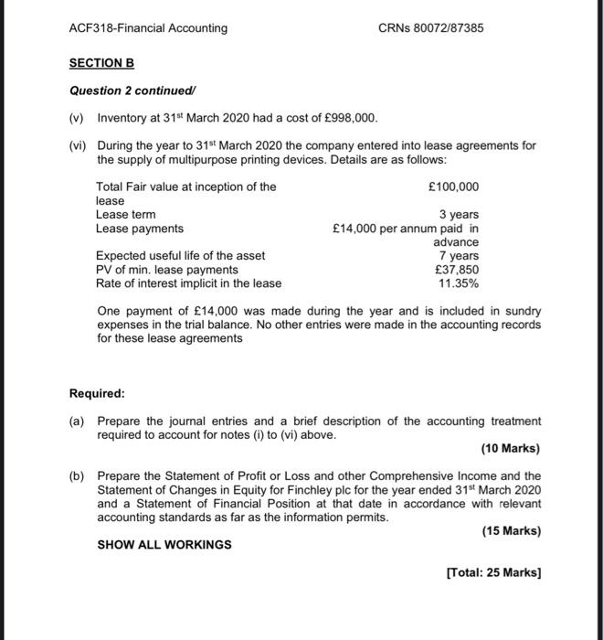  ACF318-Financial Accounting SECTION B Question 2 continued/ (v) Inventory at 31st