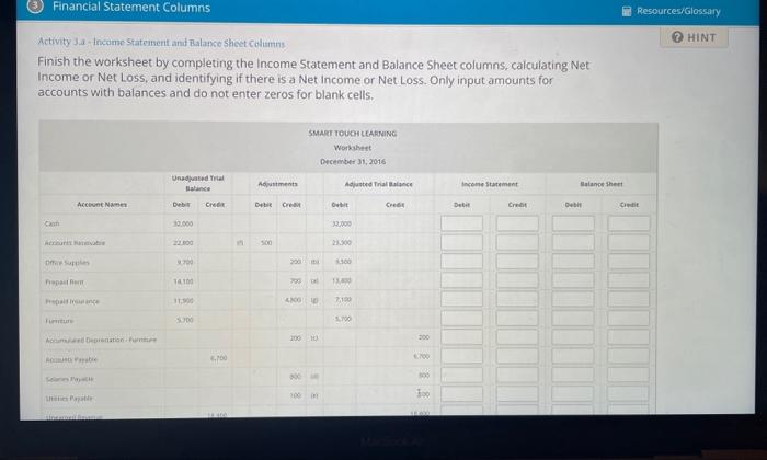 Financial Statement Columns Activity Ja-Income Statement and Balance Sheet Columns Finish