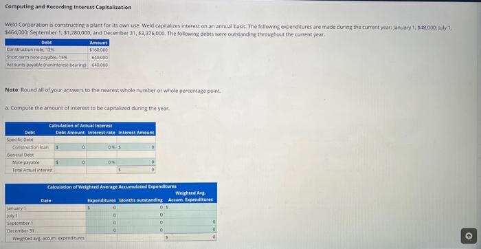 Computing and Recording Interest Capitalization Weld Corporation is constructing a plant