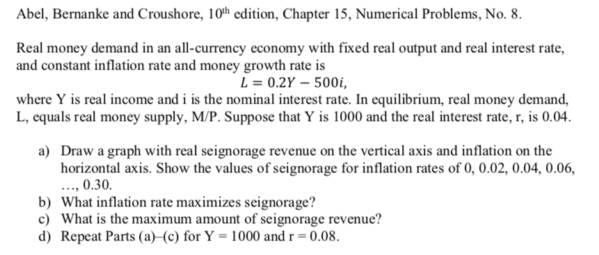 Abel, Bernanke and Croushore, 10th edition, Chapter 15, Numerical Problems, No.