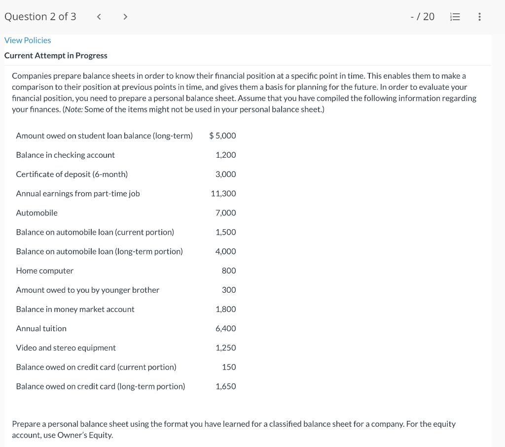  2 of 3 View Policies - / 20 E Current Attempt