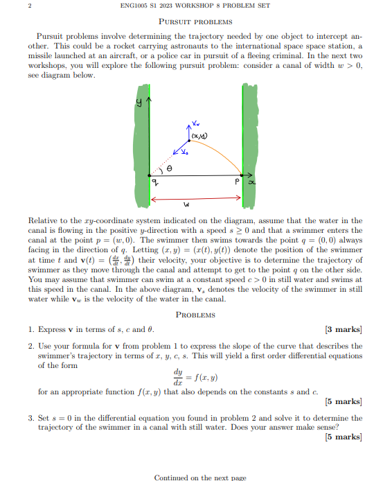 2 ENG1005 81 2023 WORKSHOP & PROBLEM SET PURSUIT PROBLEMS Pursuit
