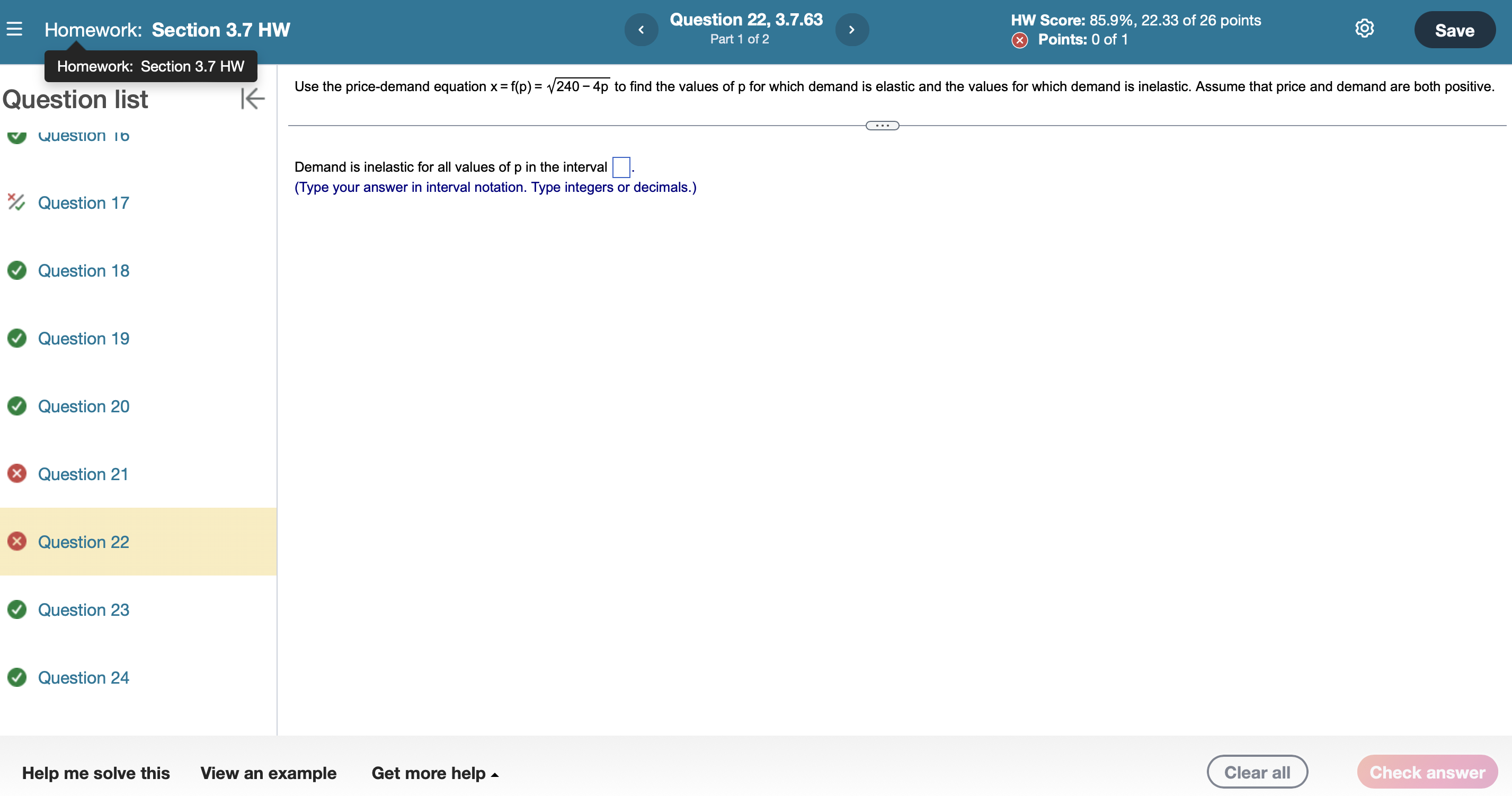 of 1 Answer the following questions for the price-demand equation. Question list