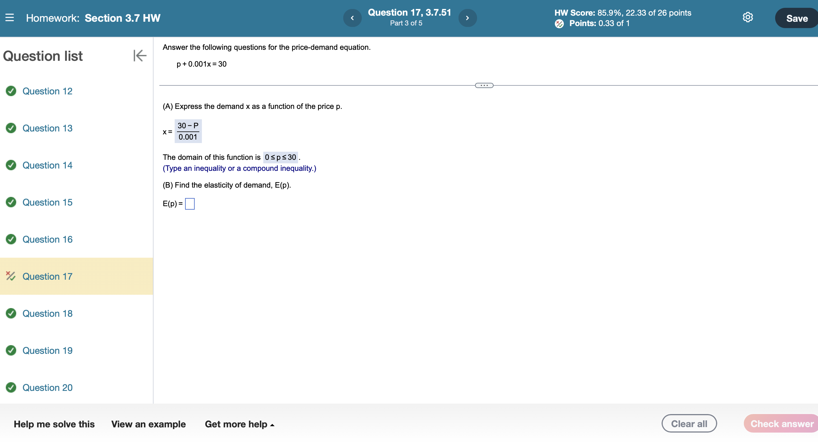 function of the price p. 0 Question 13 x = H 0.001