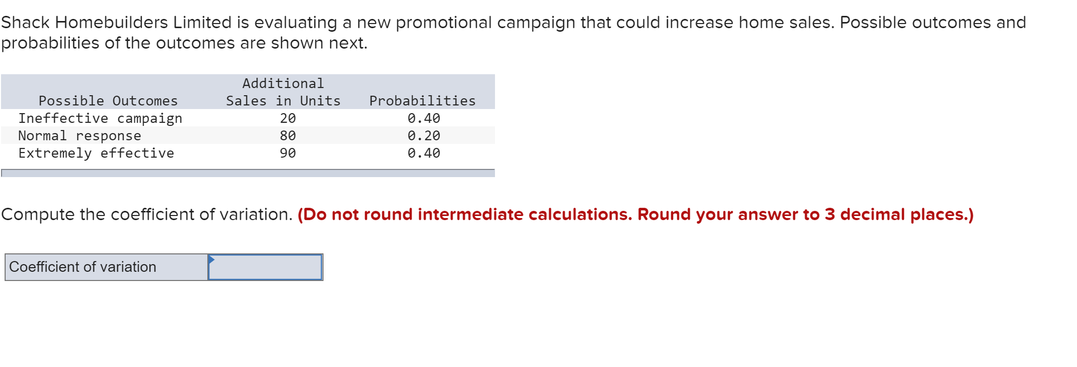 promotional campaign that could increase home sales. Possible outcomes and probabilities of