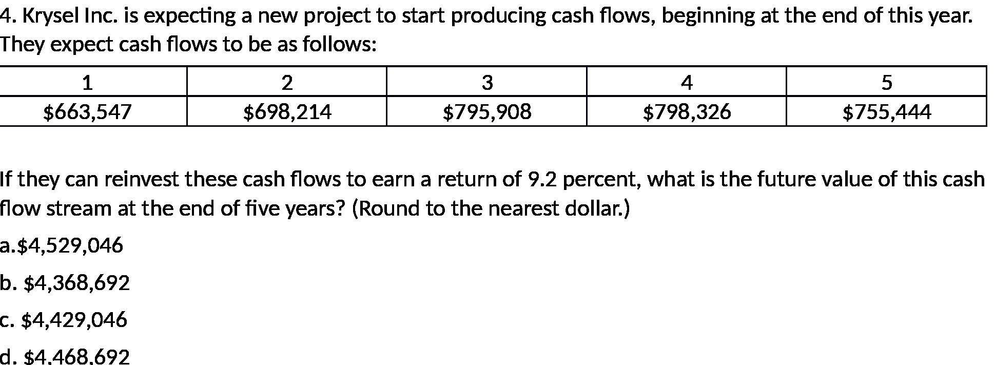  4. Krysel Inc. is expecting a new project to start producing