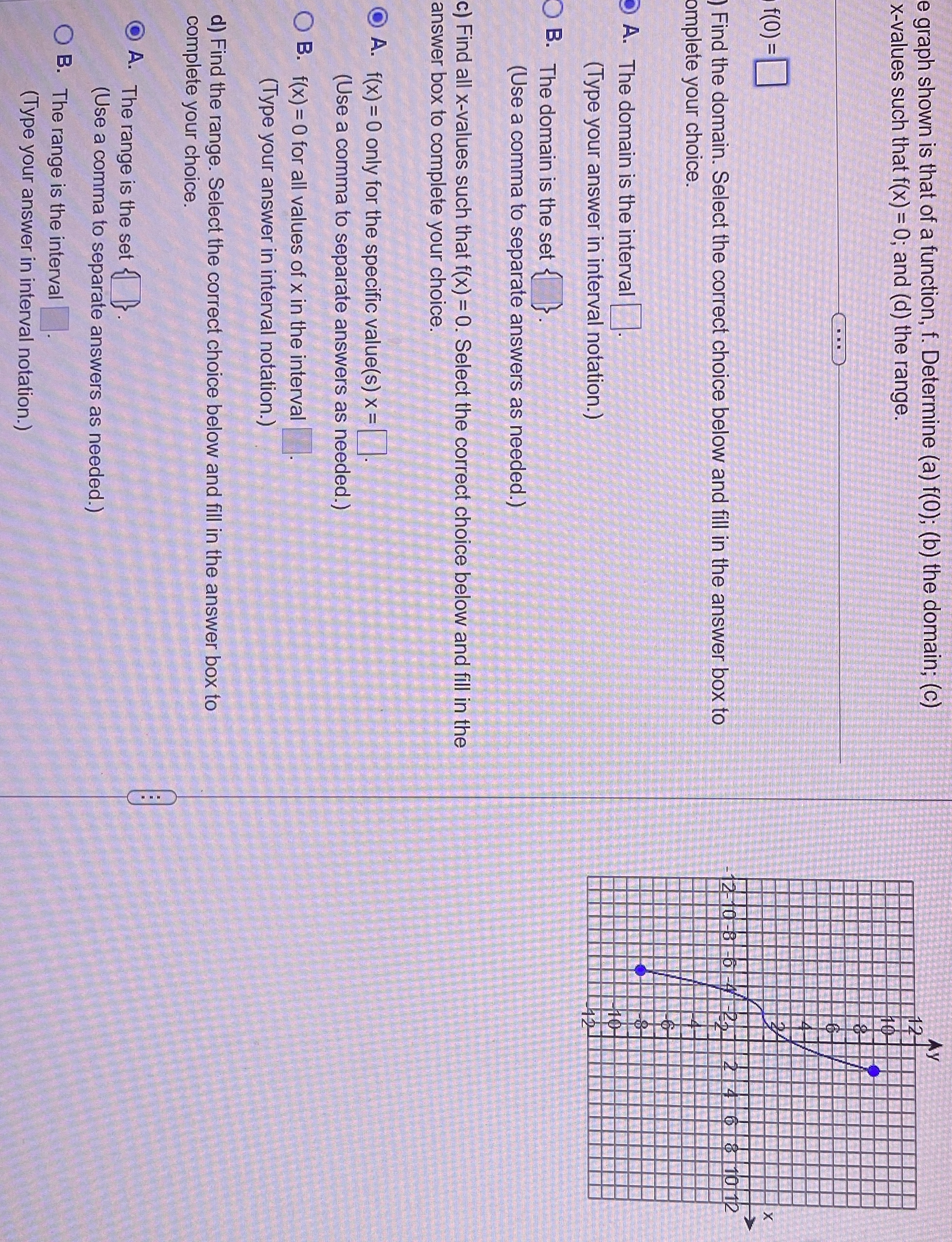 that of a function, f. Determine (a) f(0); (b) the domain; (c)