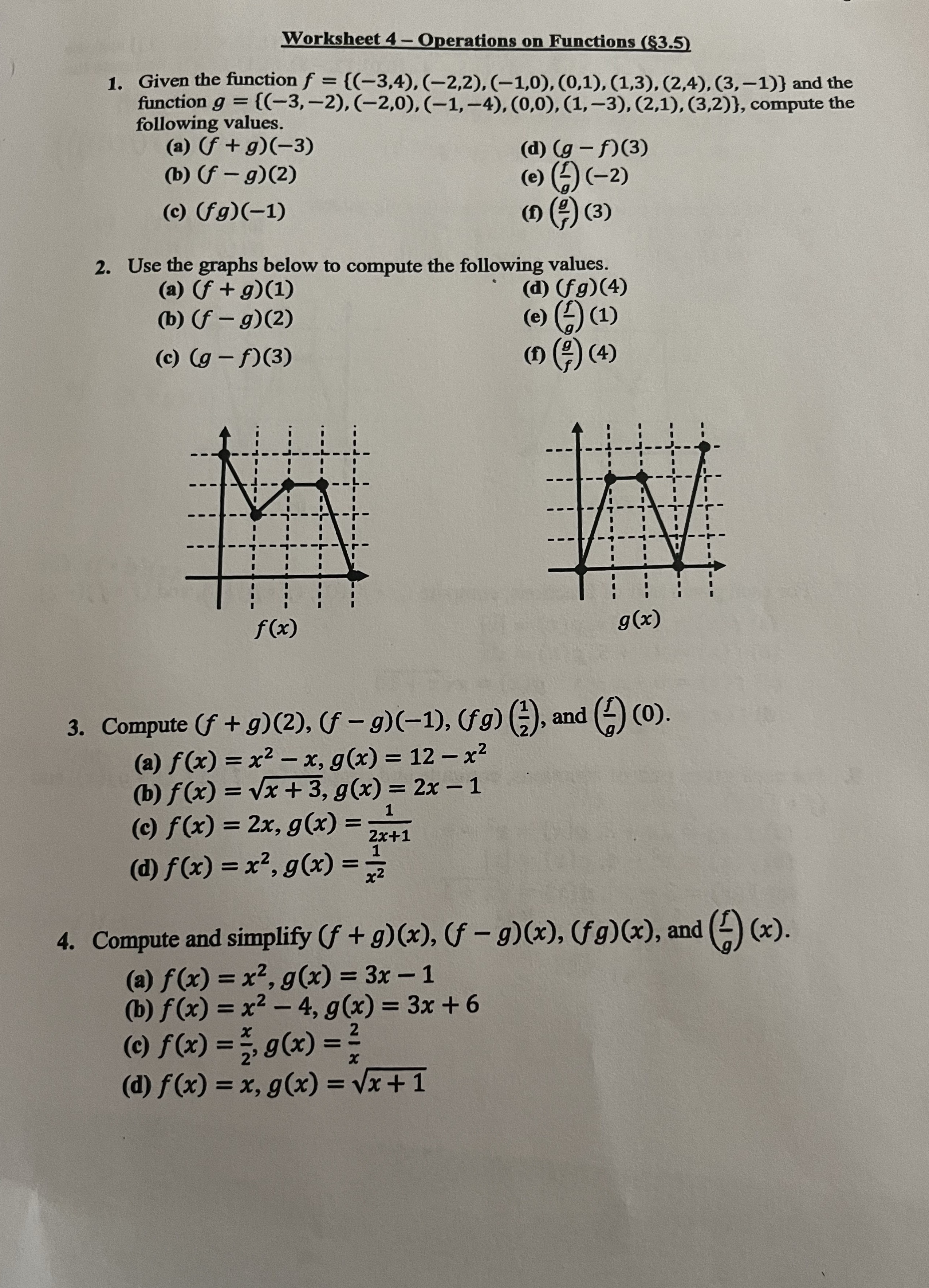  need help Worksheet 4 - Operations on Functions ($3.5) 1. Given