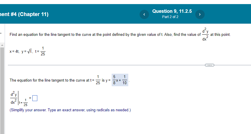 t The equation for the line tangent to the curve at t