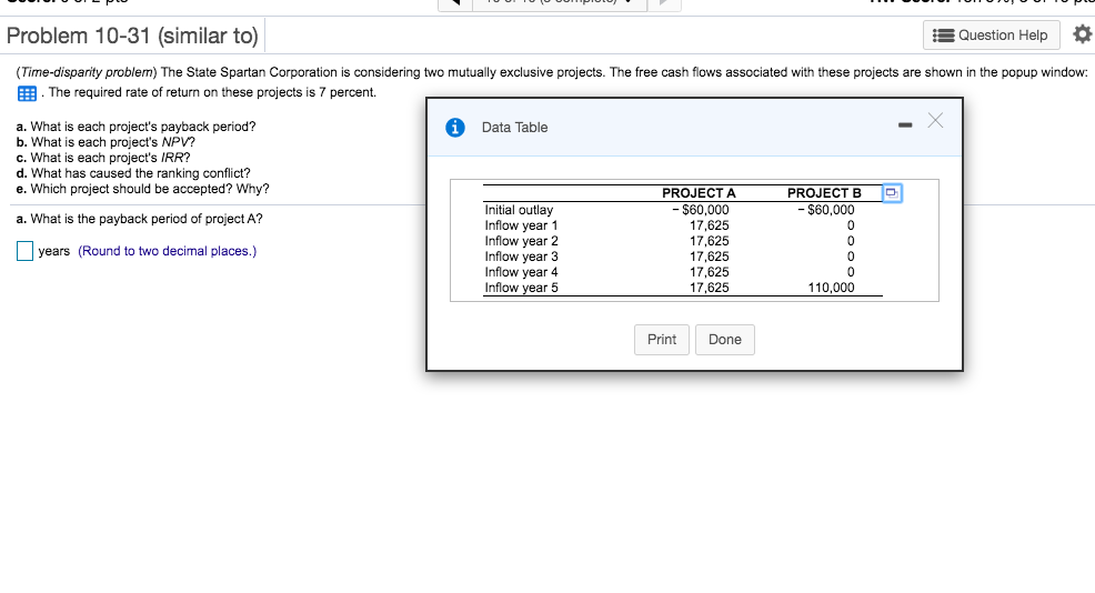 10-31 (similar to) Question Help (Time-disparity problem) The State Spartan Corporation is