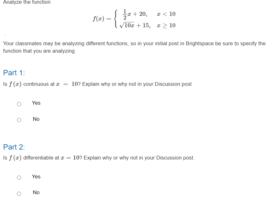 Analyze the function 1 20, 2 10m + 15, < 10 t