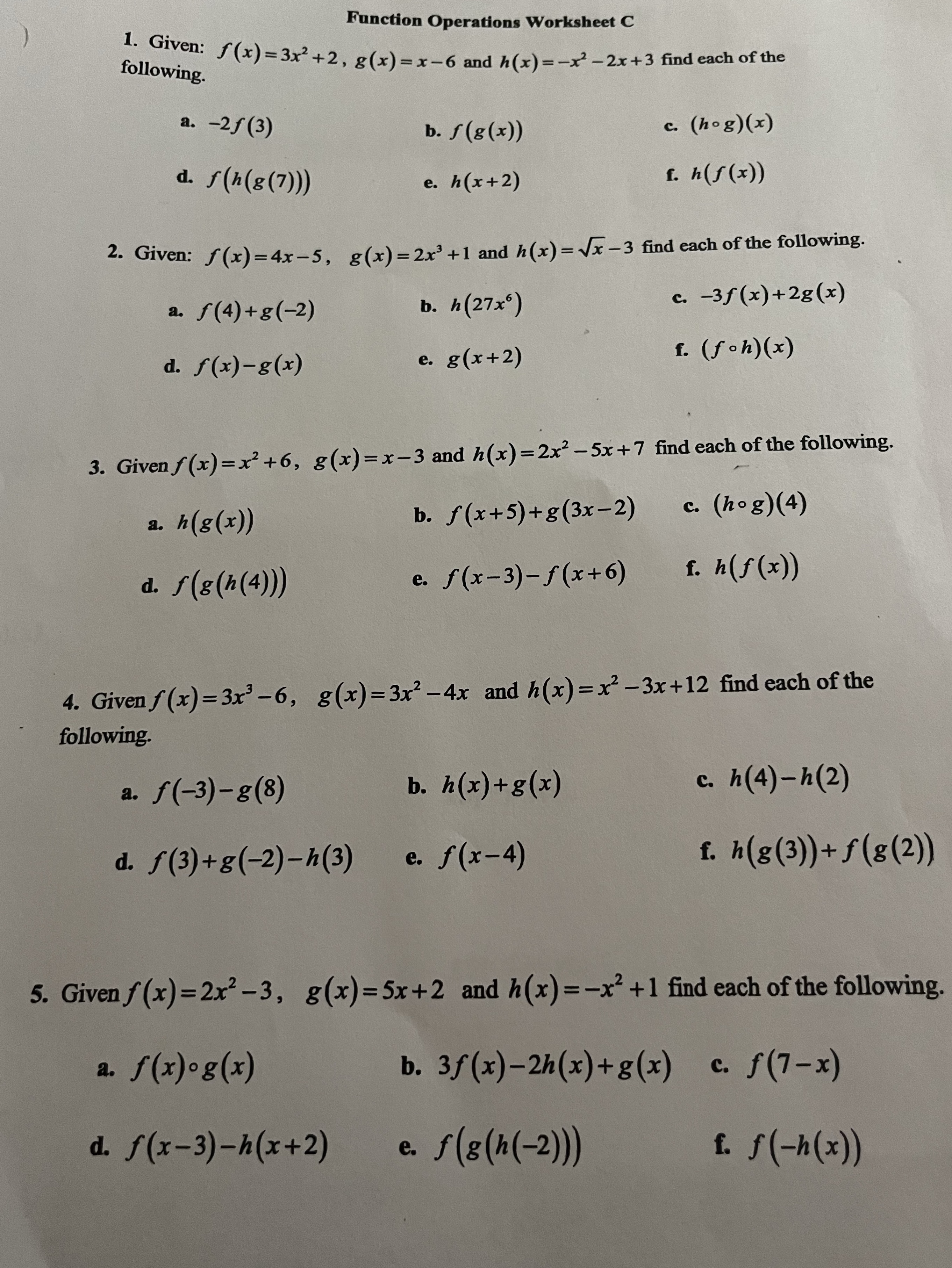  help Function Operations Worksheet C following. 1. Given: f(x) =3x2 +2,