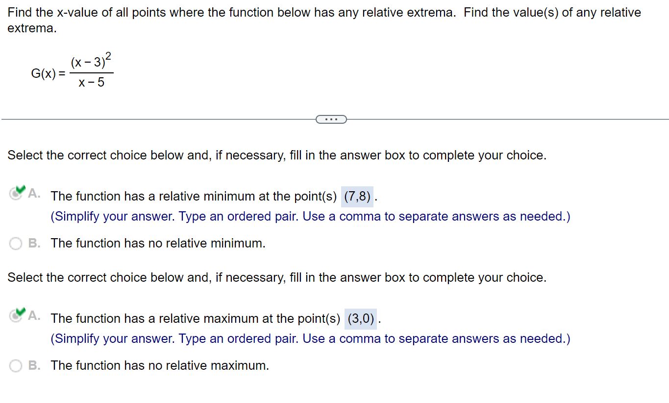 function has a relative minimum at the point(s) [ S'B] . (Simplify