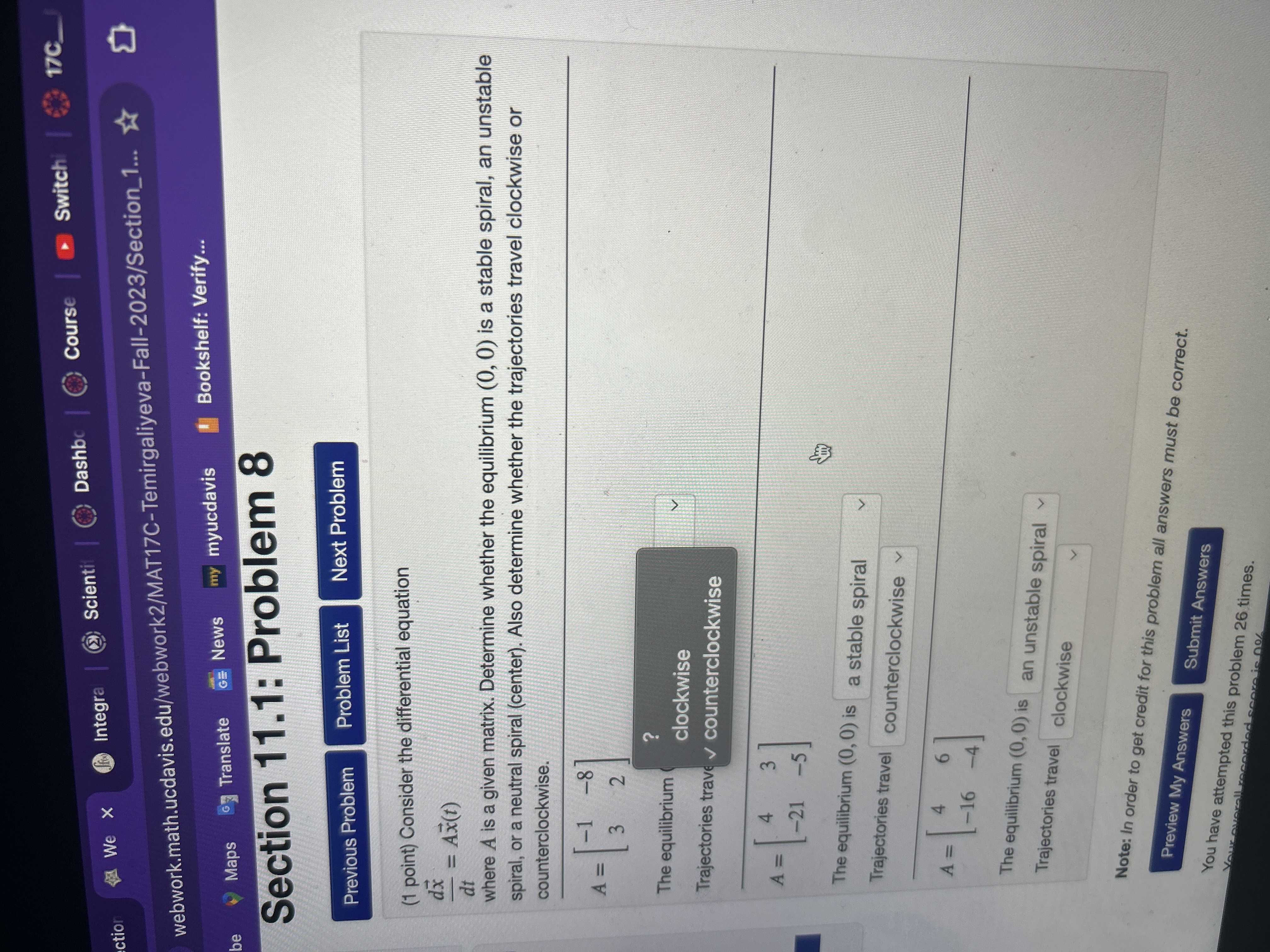 webwork.math.ucdavis.edu/webwork2/MAT17C-Temirgaliyeva-Fall-2023/Section_1... YouTube Maps Translate GE News my myucdavis Bookshelf: Verify... Section 11.1: