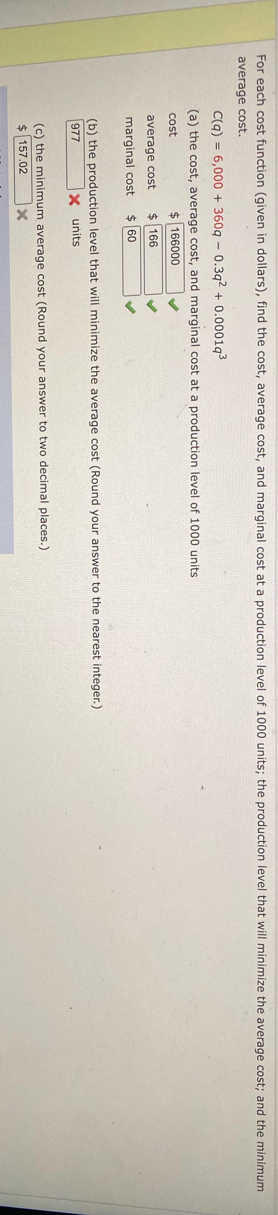 cost, and marginal cost at a production level of 1000 units; the