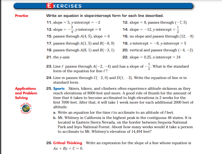 equation in slope intercept form for each line described. 11. slope =