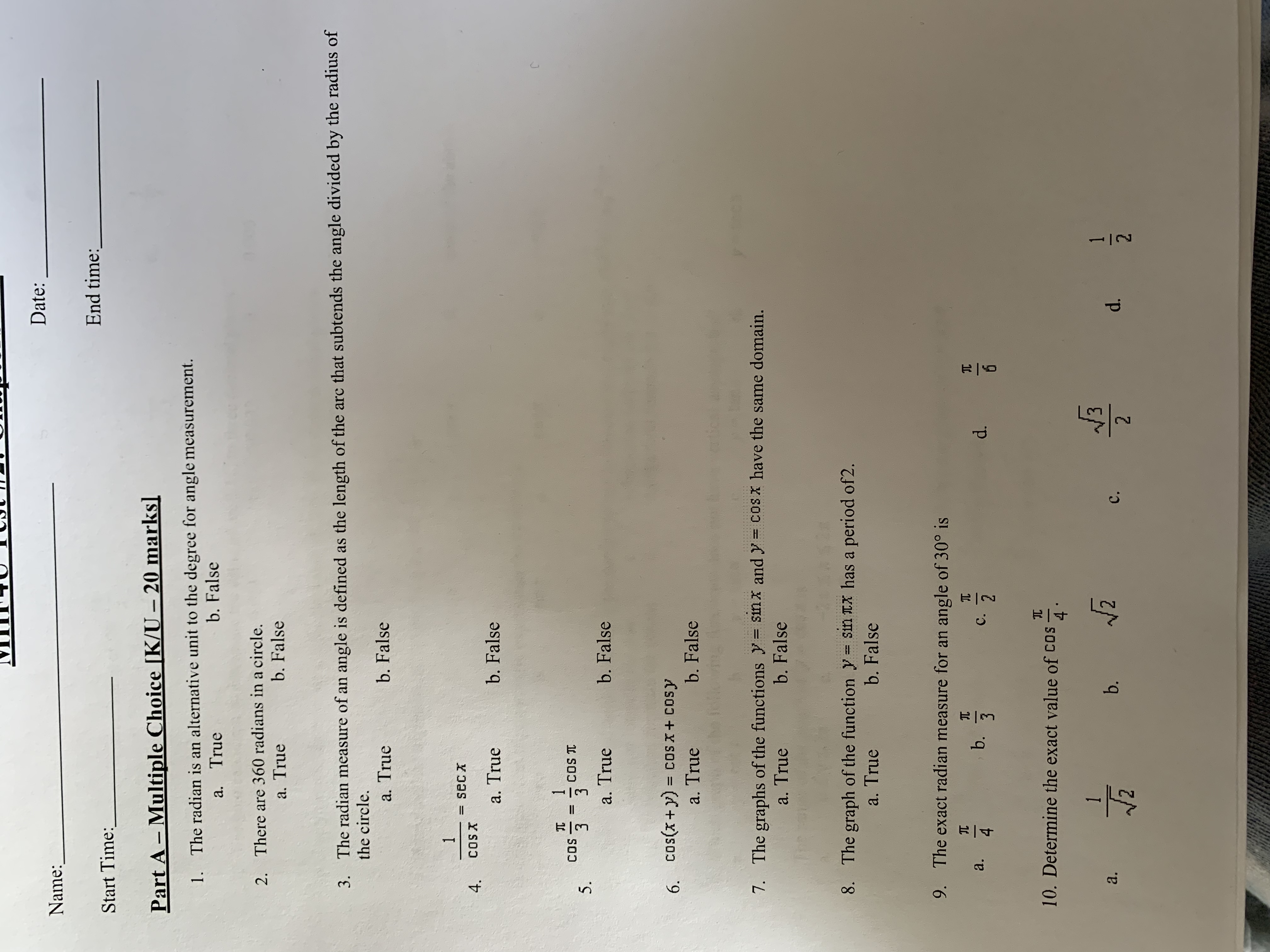  Date: Name: End time: Start Time: Part A - Multiple Choice